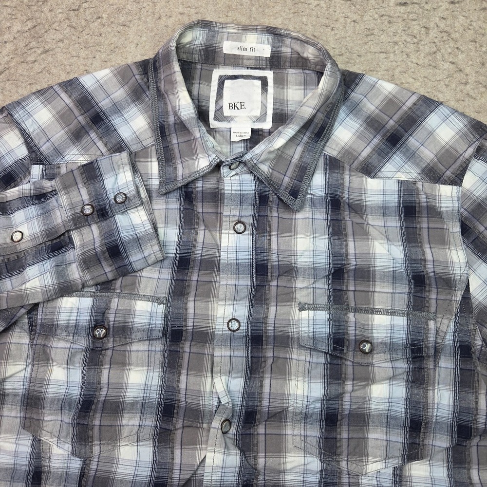 BKE Pearl Snap Western Shirt Mens L Slim Fit Black‎ Plaid Long Sleeve